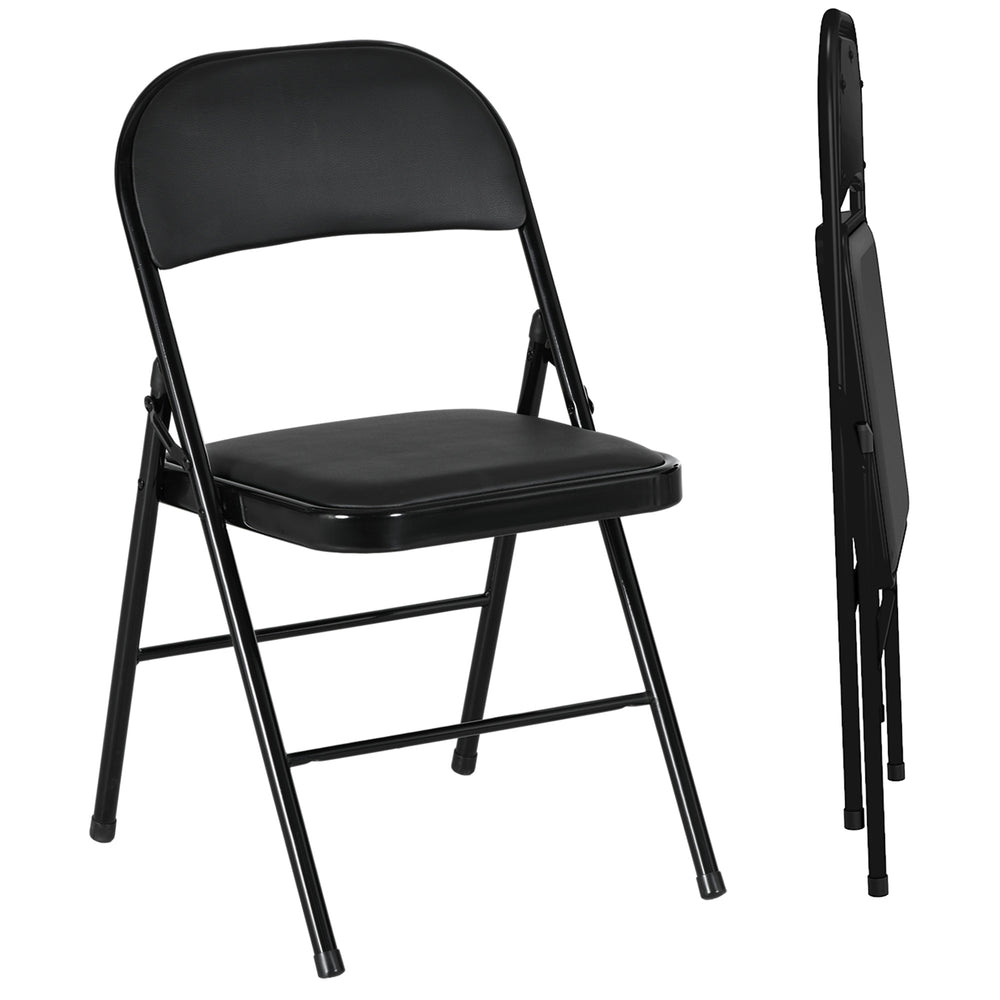 Set of 2 folding metal chairs with faux leather upholstery, black