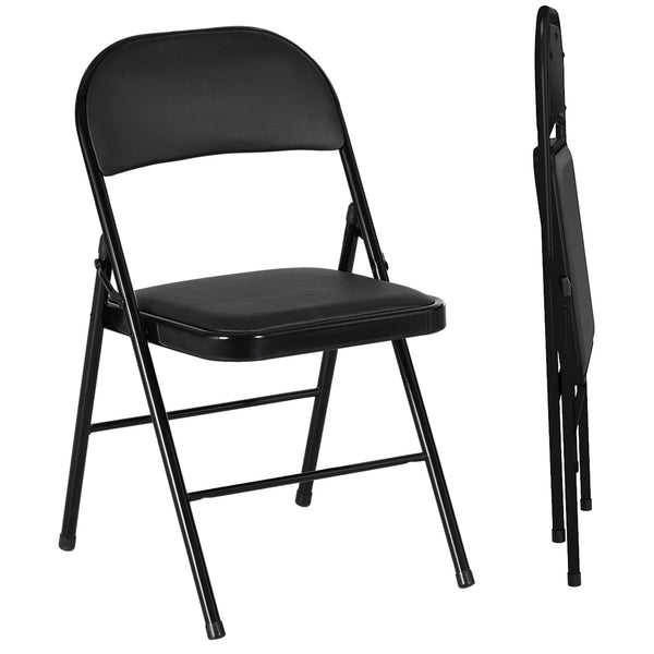 Set of 2 folding metal chairs with faux leather upholstery, black