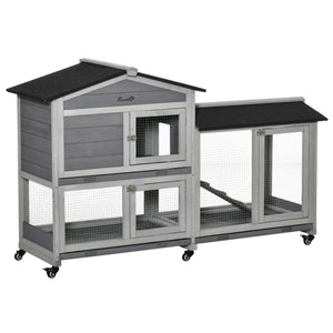 Wooden hutch with wheels, enclosure, tray and ramp, light gray