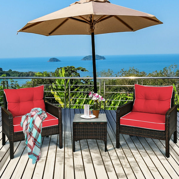 3-Piece Outdoor Patio Rattan Conversation Set with Seat Cushions - Red