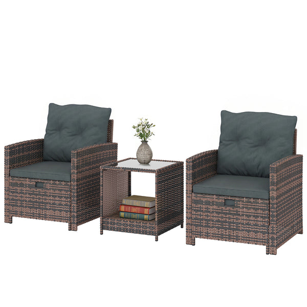 5 Piece Patio Furniture Set, Wicker Patio Chairs with Ottomans, 2-Tier Glass Coffee Table and Cushions, Brown/Dark Grey