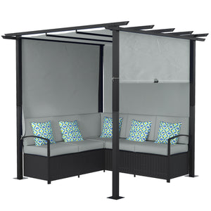 Wicker resin furniture set with retractable pergola, grey