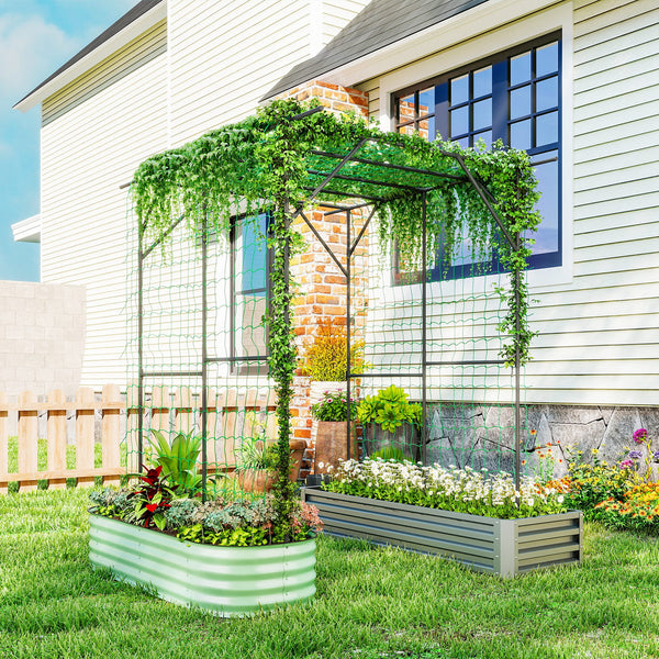 Metal garden arch with netting for climbing plants