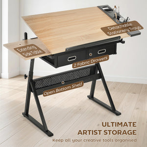 Table à dessin réglable avec tabouret et tiroirs de rangement pour la peinture, chêne