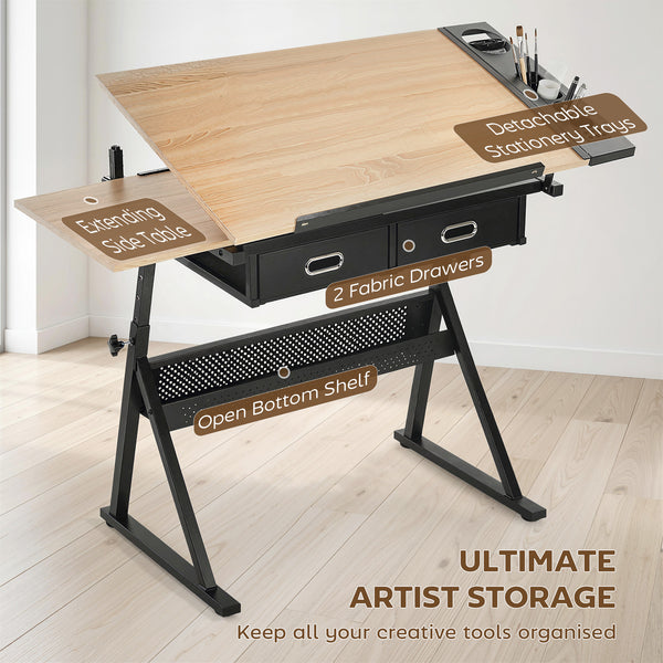Table à dessin réglable avec tabouret et tiroirs de rangement pour la peinture, chêne