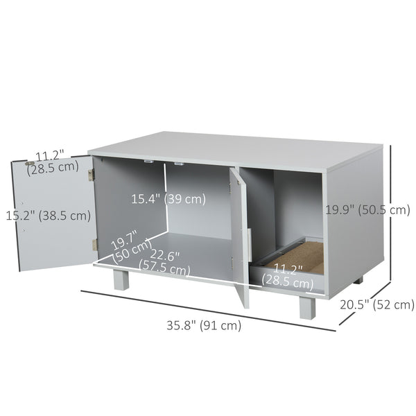 Litter box cabinet with scratching post, magnetic doors, gray