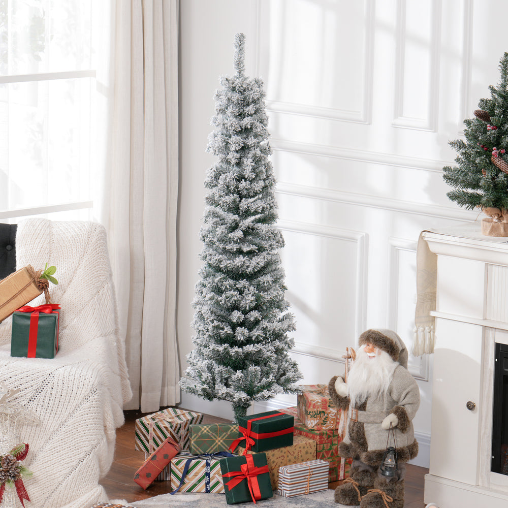 Sapin de Noël givré vert de 5 pieds en forme de crayon