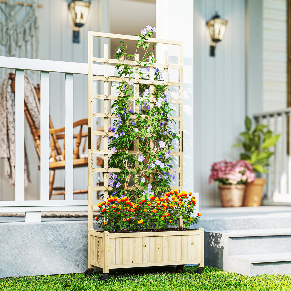Wooden planter with trellis on wheels