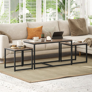 Lot de 3 tables basses gigognes avec cadre en métal, marron