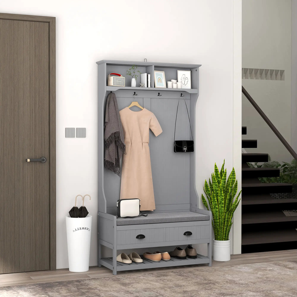 Meuble d'entrée avec banc et rangement à chaussures, banc d'entrée avec 4 crochets, 2 tiroirs, 2 étagères, gris