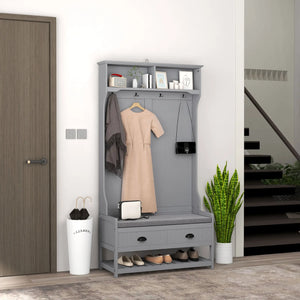 Meuble d'entrée avec banc et rangement à chaussures, banc d'entrée avec 4 crochets, 2 tiroirs, 2 étagères, gris