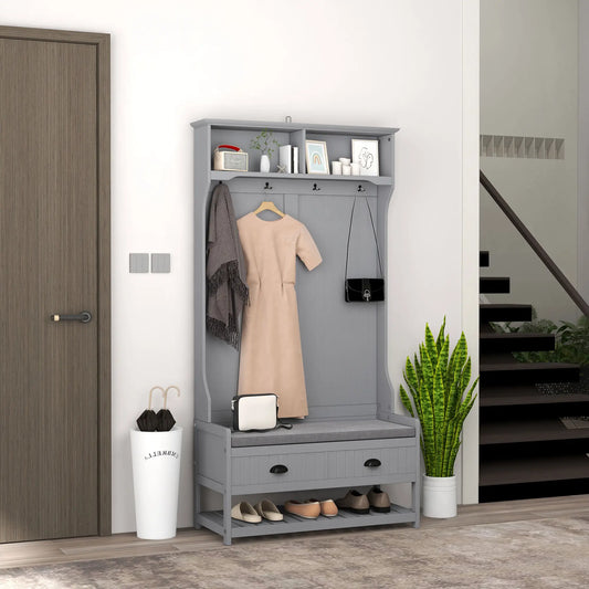 HOMCOM Shoe Bench and Coat Rack, Hallway Furniture with Bench and Shoe Storage, Hallway Bench with 4 Hooks, 2 Drawers, 2 Shelves, Grey