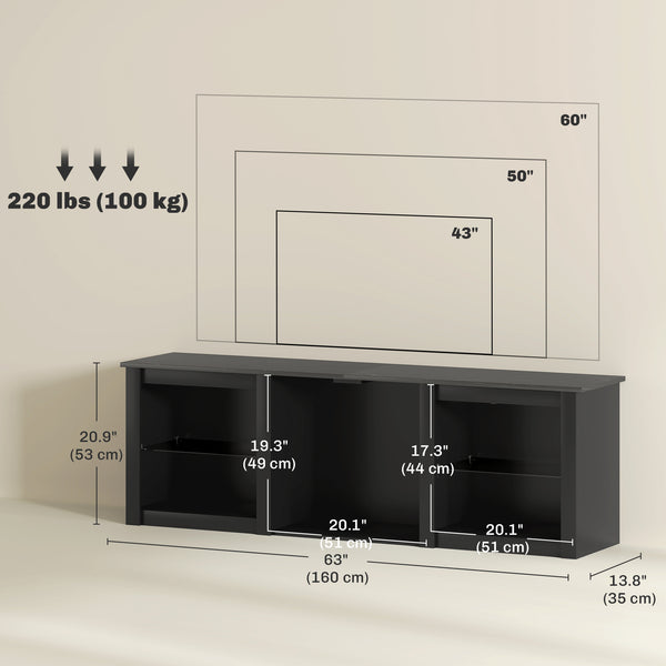 Meuble TV avec éclairage LED avec étagères en verre réglables, pour téléviseurs jusqu'à 65 pouces, noir