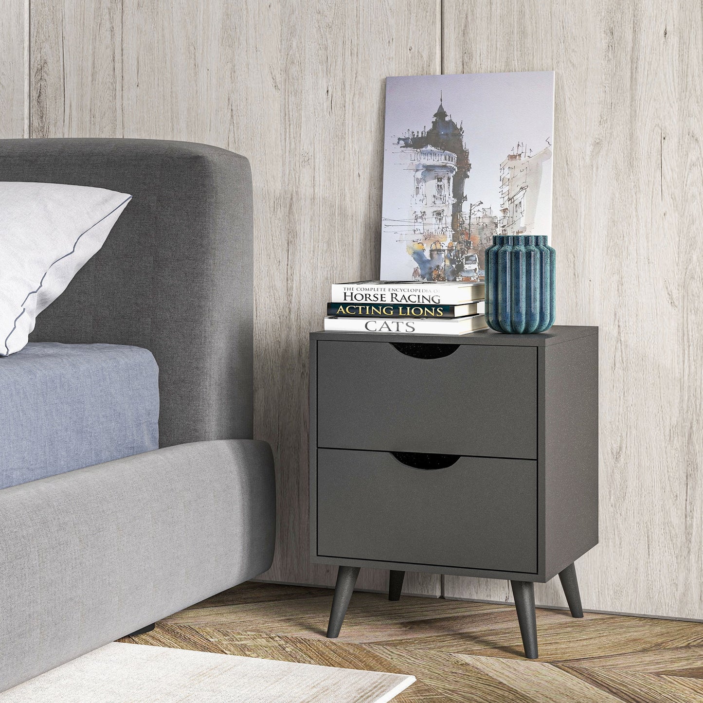 Table de chevet moderne avec 2 tiroirs et pieds en pin pour chambre et salon, noir
