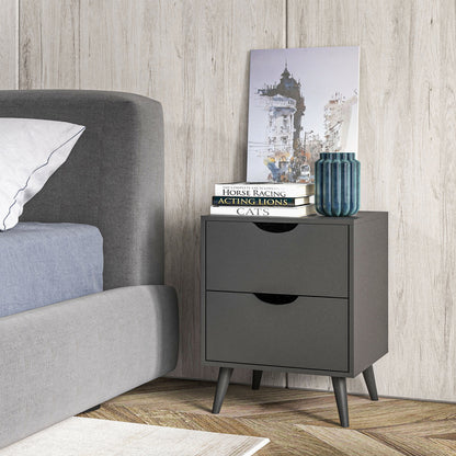 Table de chevet moderne avec 2 tiroirs et pieds en pin pour chambre et salon, noir