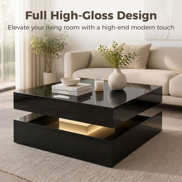 Table basse LED avec rangement à 2 niveaux avec étagère ouverte et télécommande pour salon, noir brillant