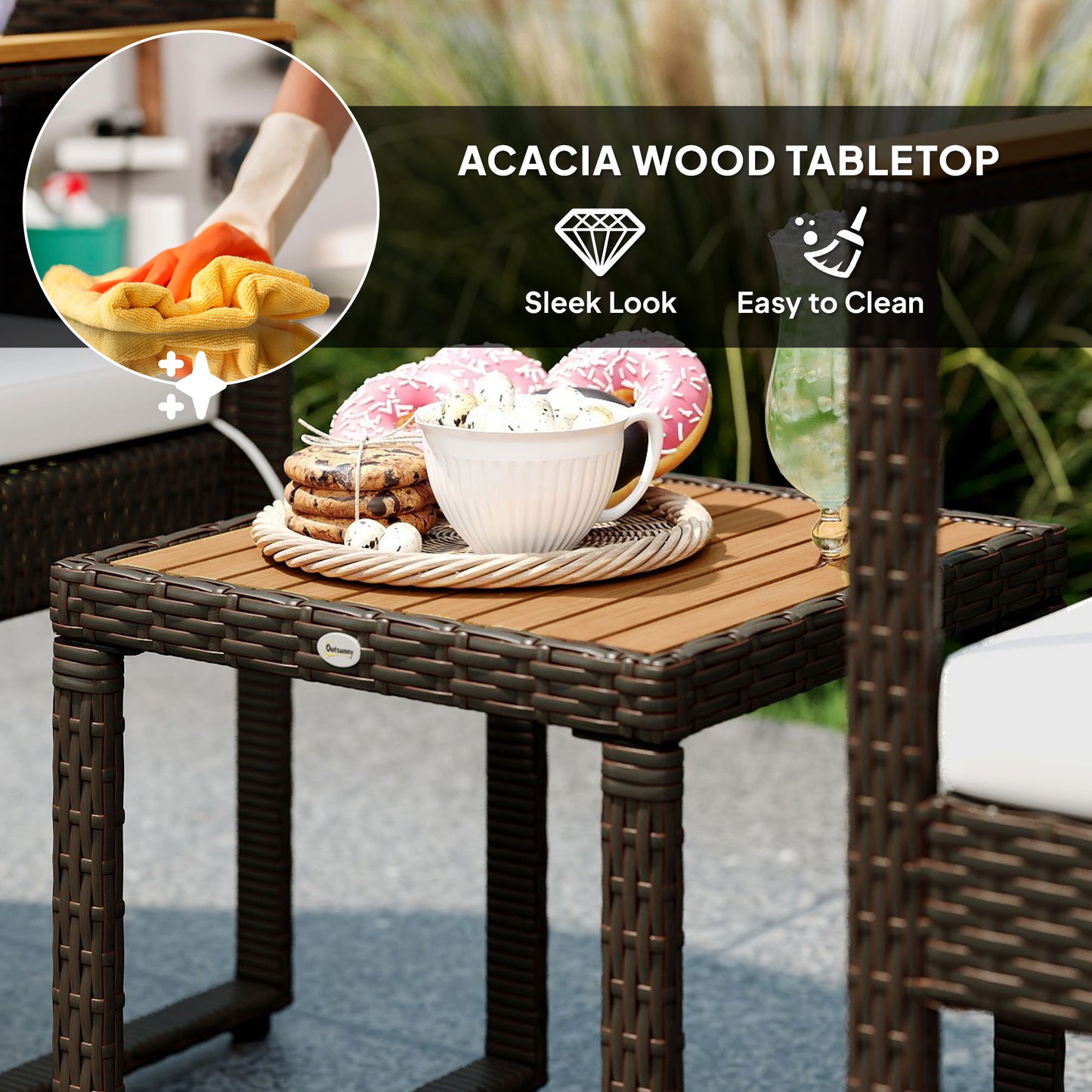 Ensemble de jardin 3 pièces Outsunny en osier, ensemble bistrot en rotin avec table en bois d'acacia et coussins amovibles, blanc