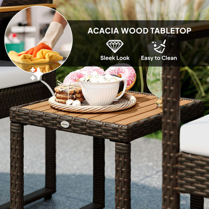 Ensemble de jardin 3 pièces Outsunny en osier, ensemble bistrot en rotin avec table en bois d'acacia et coussins amovibles, blanc