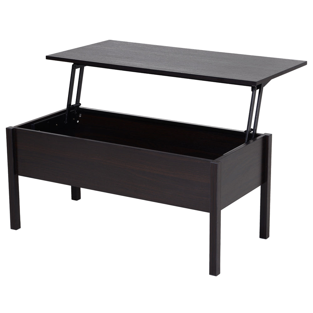 Table basse moderne avec plateau relevable et compartiment de rangement dissimulé, marron