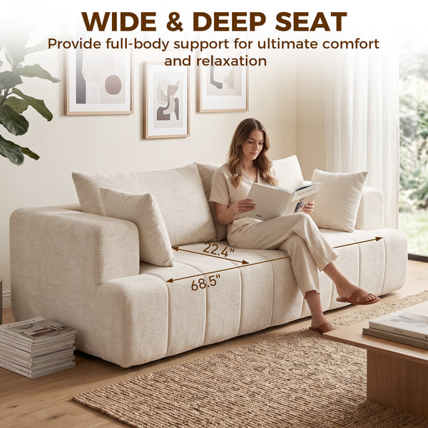 Canapé nuage en chenille sans os avec coussin à ressorts épais, assise large et profonde, larges accoudoirs, beige