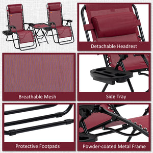 Ensemble de 2 chaises de patio vec table d'appoint, porte-gobelets et coussin, rouge