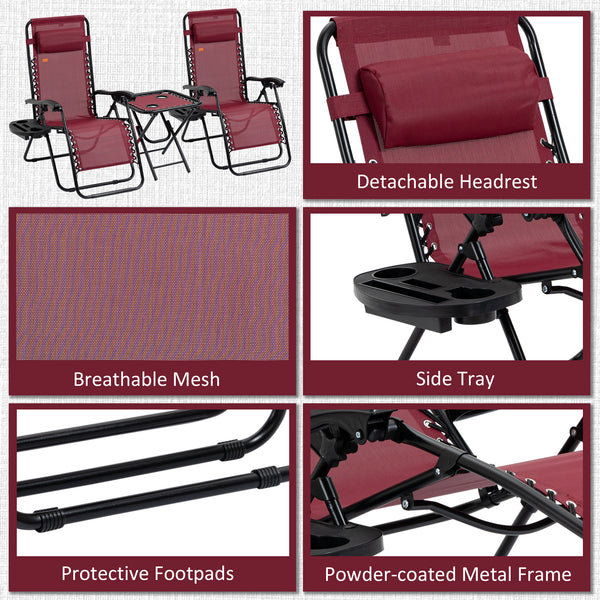 Ensemble de 2 chaises de patio vec table d'appoint, porte-gobelets et coussin, rouge
