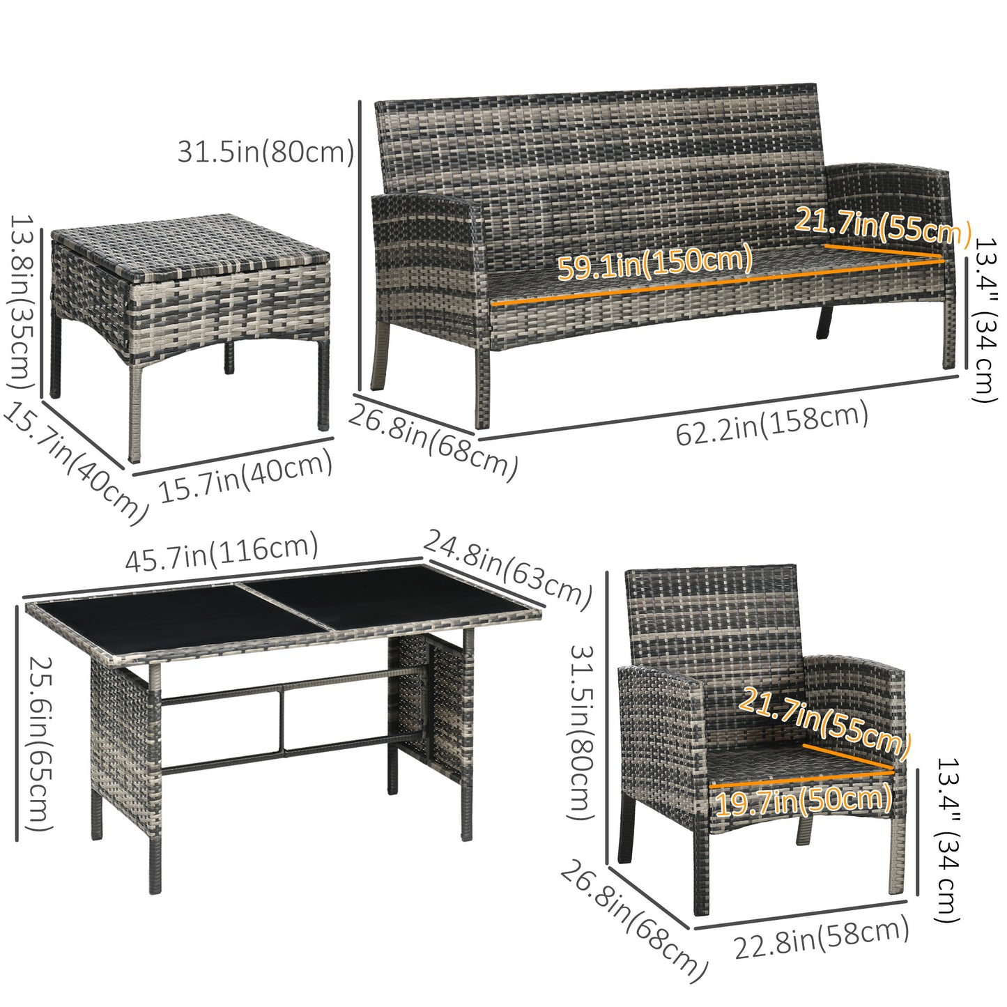 Outsunny 6 Piece Garden Furniture Set with Chairs, Ottomans, Sofa, Glass Table and Cushions, Wicker Rattan Outdoor Furniture Set for Garden and Porch, Grey