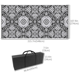 Tapis d'extérieur portable avec sac de transport, réversible, motif floral gris et blanc