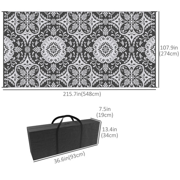 Tapis d'extérieur portable avec sac de transport, réversible, motif floral gris et blanc