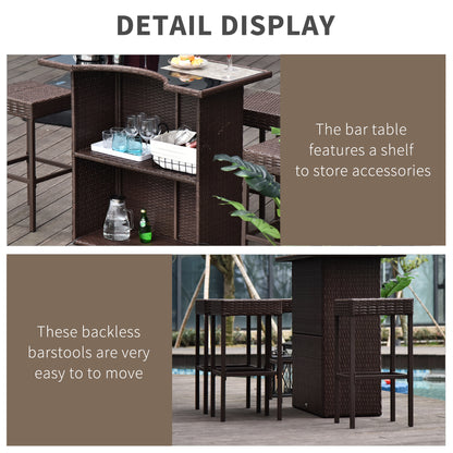 Ensemble de bar de terrasse 5 pièces, table et chaises hautes en rotin synthétique, avec plateau en verre trempé, étagères et 4 chaises de bar, marron foncé