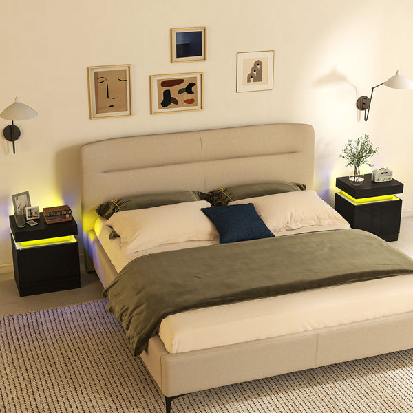 Set of 2 bedside tables with LED lighting and 2 drawers, black.