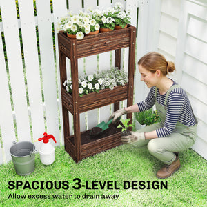 3-tier wooden raised garden bed with legs, drainage holes, and bed liner.
