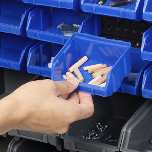 Wall organizer with 30 storage bins and pegboard for garage/workshop (blue)