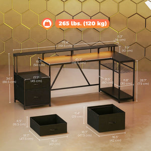 76" Gaming Desk, Reversible Computer Table with RGB Lights, USB Ports, Monitor Stand and 2 Fabric Drawers, Black