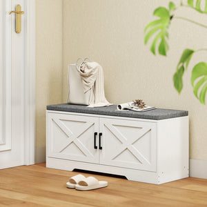 Banc d’entrée avec rangement pour chaussures, tablettes ajustables et coussin – Blanc et gris