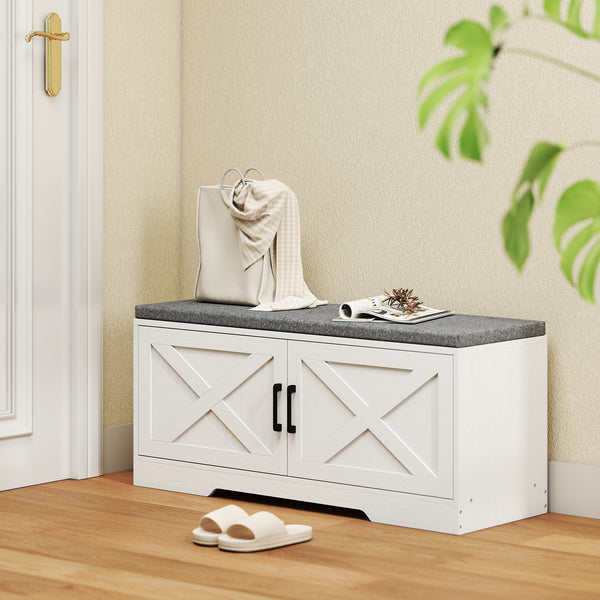Banc d’entrée avec rangement pour chaussures, tablettes ajustables et coussin – Blanc et gris