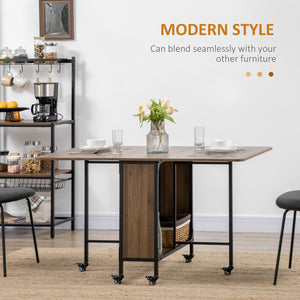 Table de salle à manger pliante avec étagère de rangement et 6 roulettes, marron clair