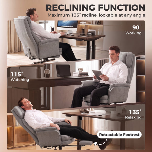 Chaise de bureau ergonomique avec repose-pieds, accoudoirs relevables et dossier inclinable à 135°, gris