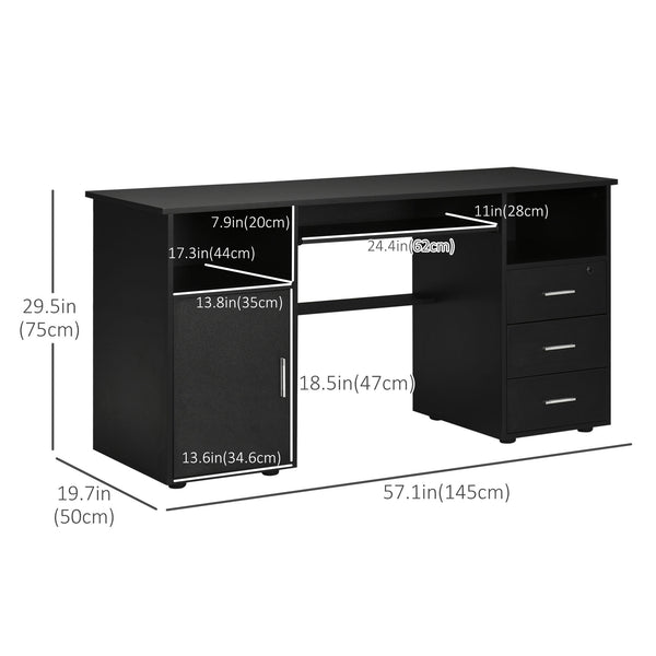 Bureau d'ordinateur avec tiroirs, plateau pour clavier, étagères ouvertes et tiroir verrouillable, noir