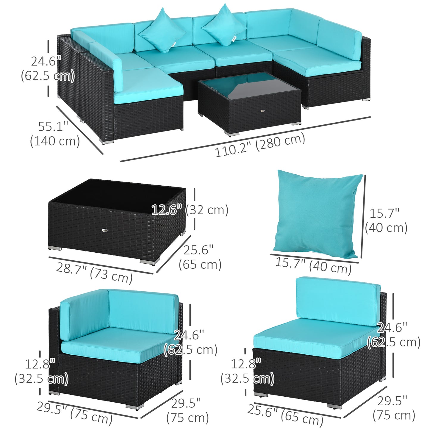 Outsunny 7-Piece Wicker Garden Sofa Set, Sectional Patio Furniture, Dark Coffee and Light Blue