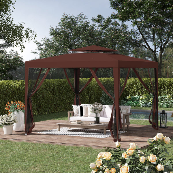10' x 10' Outdoor Canopy Tent Party Tent with Mesh Netting and Double Tier Roof for Backyard, Garden, Patio, Brown