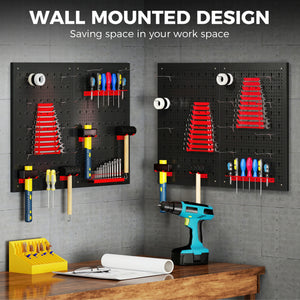 Organisateur mural d’outils en acier avec 4 panneaux, 12 supports et 22 crochets – Noir et rouge