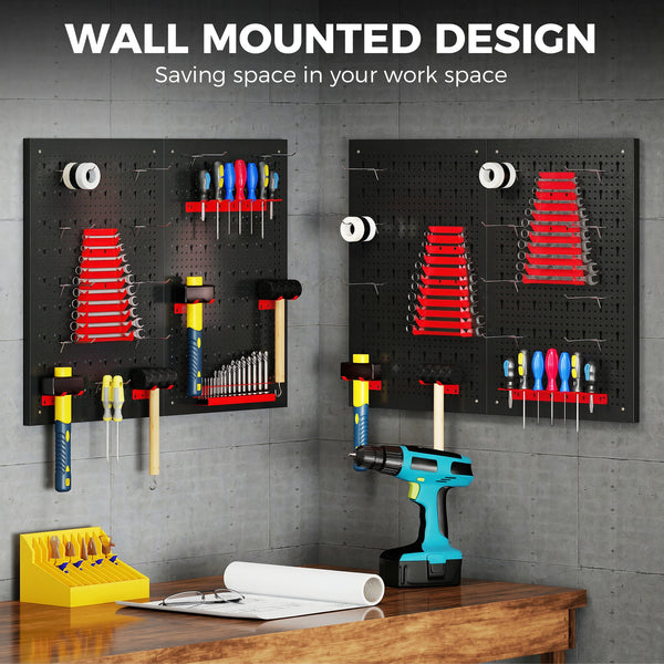 Organisateur mural d’outils en acier avec 4 panneaux, 12 supports et 22 crochets – Noir et rouge