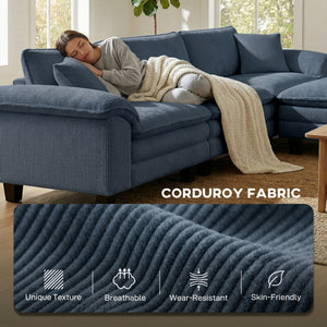 L-shaped sofa with deep seating, removable ottoman, and padded armrests, blue
