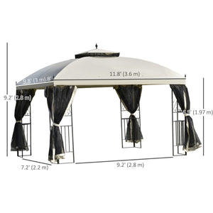 Gazebo 10 x 12 avec toit à double pente, parois latérales amovibles en filet et étagères triangulaires, beige