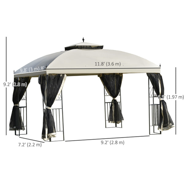 Gazebo 10 x 12 avec toit à double pente, parois latérales amovibles en filet et étagères triangulaires, beige