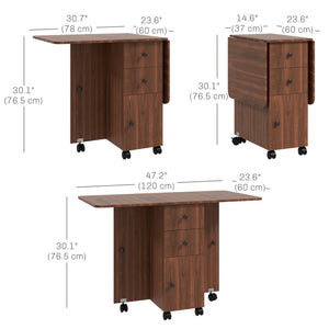 Table de salle à manger à abattants sur roulettes avec tiroirs, marron