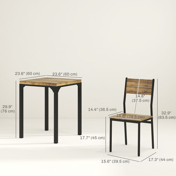 Ensemble table et chaises 2 personnes, 3 pièces avec pieds en métal, couleur marron rustique.