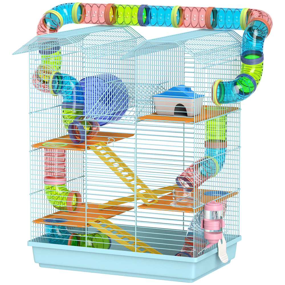 Cage pour hamste à 5 niveaux pour petits animaux avec système de tunnel, roue d'exercice, bouteille d'eau, bleu clair