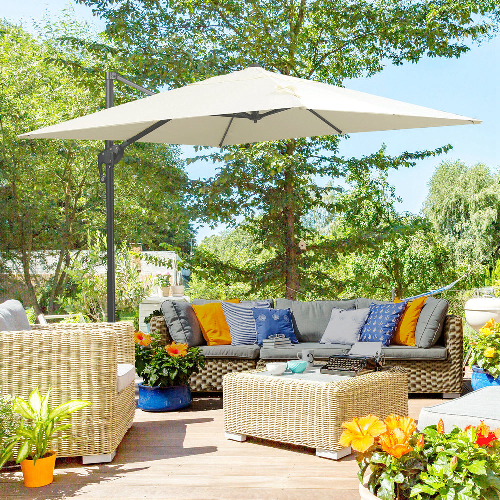 Parasol déporté carré de 8 pieds avec base en croix, blanc crème